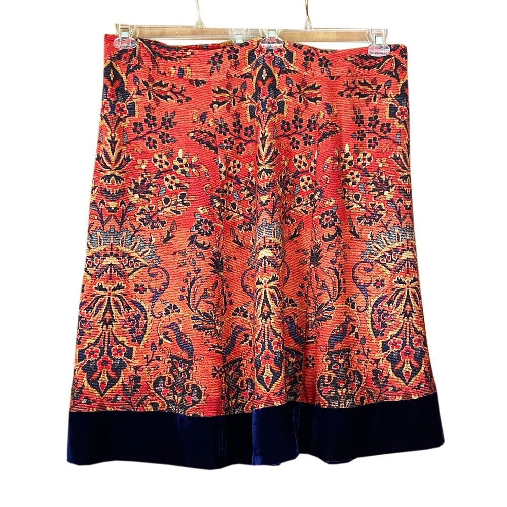 Soft Surroundings Midi Skirt Size 3X Orange Baroque Print Navy Blue Velvet Hem